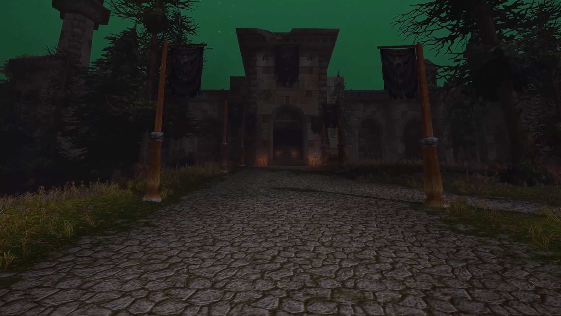 L’entrée monumentale et les ruines de Lordaeron, envahies par la végétation.