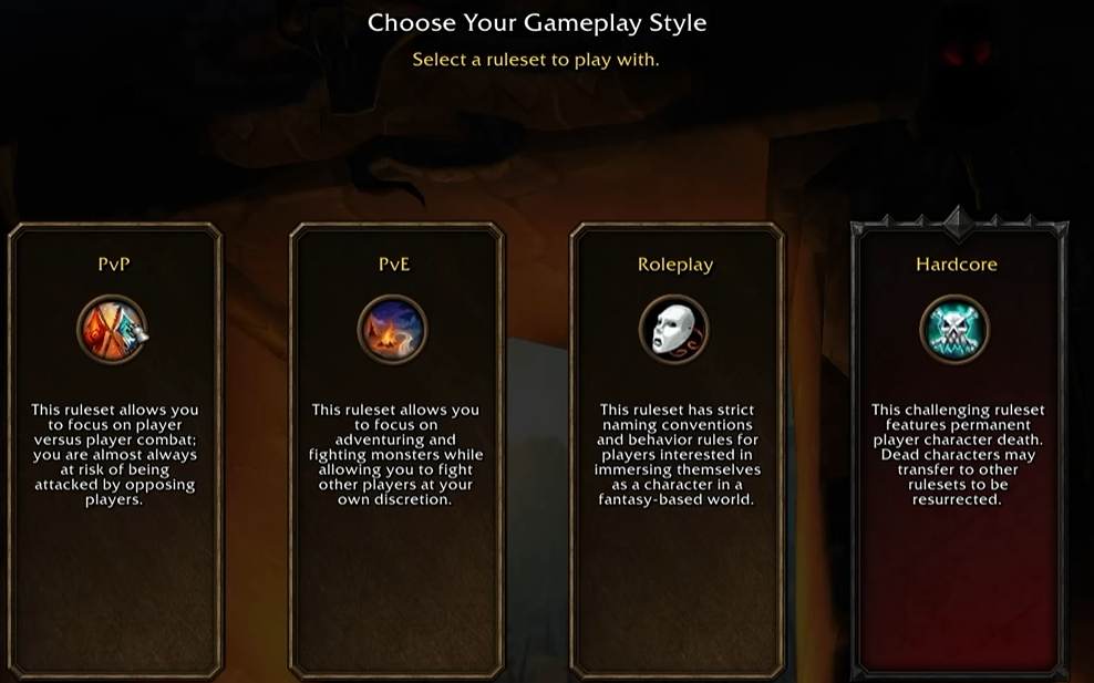 Les quatre choix PvP, PvE, Roleplay et Hardcore dans le menu de style de jeu.