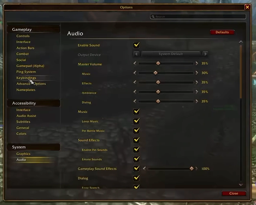 Réglages des volumes du jeu, musique, ambiance et dialogues.