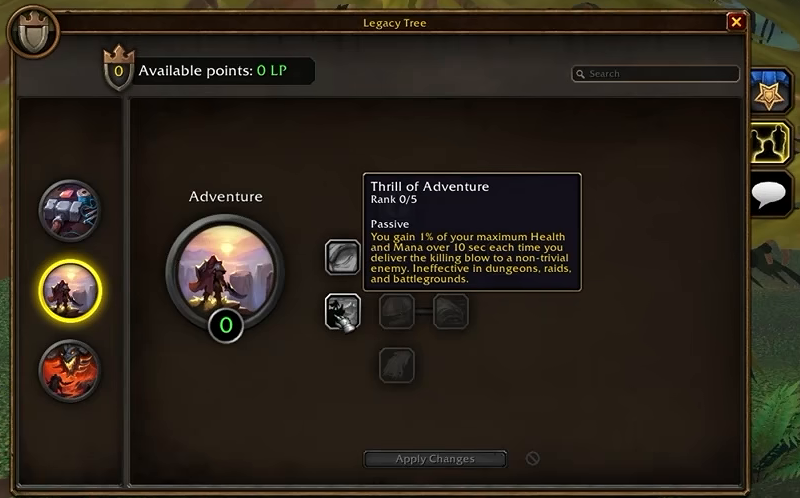 Frisson de l’aventure : aperçu au rang 0/5 dans Aventure, récupération de vie et de mana après un coup fatal, avec exclusions explicites des donjons, raids et champs de bataille.