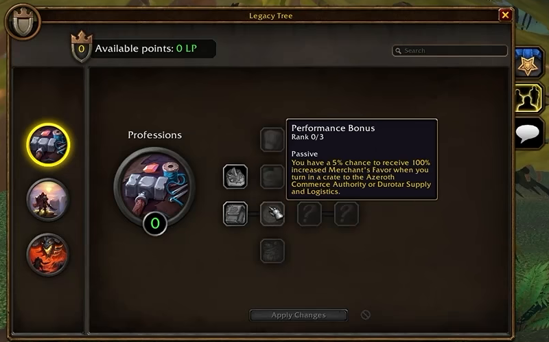 Prime de rendement : rang 0/3, nœud de la troisième ligne et deuxième colonne, aperçu de +5 % de chance de recevoir 100 % de Faveur marchande supplémentaire.